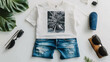 © Elnare - Flat lay of a summer outfit with denim shorts, white t-shirt, sunglasses and palm leaves.