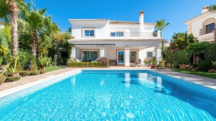 Swimming pool with clear blue water and a white mediterranean villa