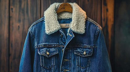 Sticker - Blue denim jacket with a white faux fur collar.