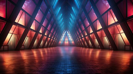 Wall Mural - Dark empty hall with glowing geometric shapes and futuristic neon lighting copy spaceb  