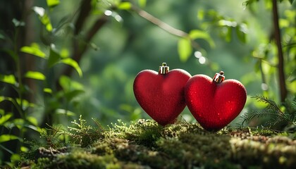 A pair of red heart-shaped decorations are placed in a natural environment with green trees and plants in the background, showing an atmosphere of love and romance.