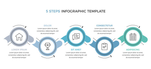 Wall Mural - Five connected circles with icons and place for text, flat business infographic template, vector eps10 illustration