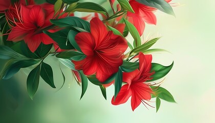 Wall Mural - Beautiful close-up of red flowers and green leaves intertwined with a soft background, showing the atmosphere of natural vitality and elegance.