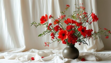 A bottle of simple floral arrangements filled with bright red flowers and a soft white cloth background creates a warm and natural atmosphere.