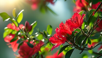 Wall Mural - Bright red flowers bloom in the sun, surrounded by green leaves and a soft background, showing the vitality and beauty of nature.