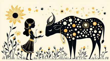 Woman with Flowers and a Spotted Bull in a Field with Sunflowers