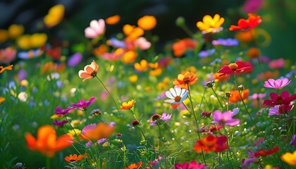 Wall Mural - The sun shines on the garden, and colorful flowers and green grass complement each other, showing a moment of tranquility and beauty.