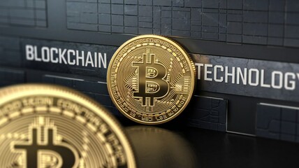 Golden bitcoin coin on dark background, bitcoin is most popular crypto currency with copy space