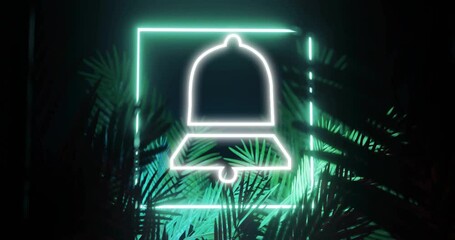 Sticker - Animation of neon bell icon over leaves on black background