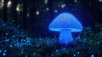 Wall Mural - Glowing Blue Mushroom in Dark Forest with Bioluminescent Moss