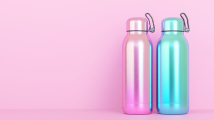 Two Iridescent Water Bottles on Pink Background