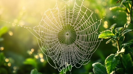 Dew-covered spider web in sunlight, close
