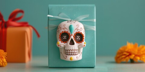 Colorful decorated skull adorns a beautifully wrapped gift, perfect for celebrating traditions and special occasions.