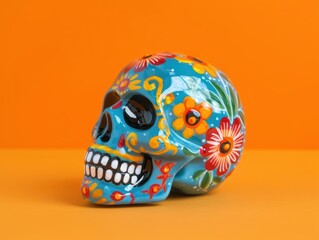 Colorful decorative skull adorned with floral patterns, perfect for festive celebrations, art displays, or cultural themes.