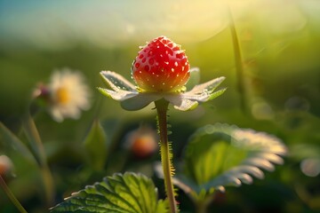 art blooming wild strawberry flower in sunny summer meadow. Beautiful summertime nature background; Generative AI