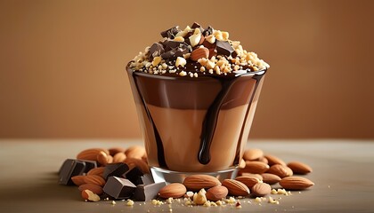 a cup filled with almond chocolate paste or nut paste, decorated with crushed nuts and chocolate par