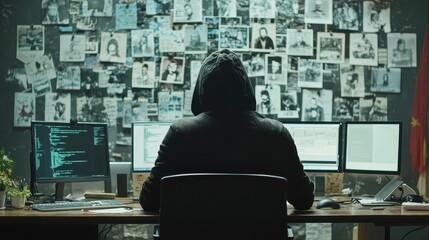Hacker in a Dark Room Working on a Computer with Multiple Monitors