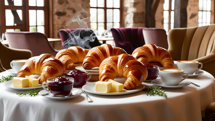 Golden-brown croissants served with butter, jam, and coffee in a cozy café setting with soft natural light