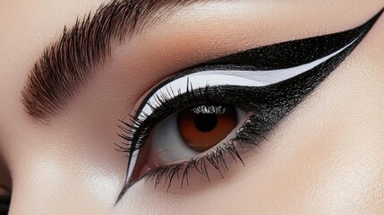 Stunning close-up of an eye showcasing bold eyeliner design with a mix of black and white colors, highlighting beauty and artistry.