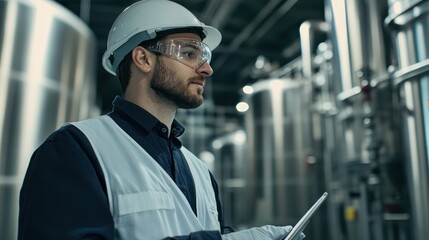 Wall Mural - young engineer man carefully monitoring hydrogen gas levels in a storage facility, high-tech sensors in use