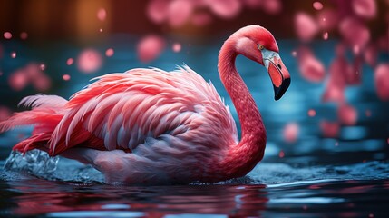 Wall Mural - pink flamingo in water  