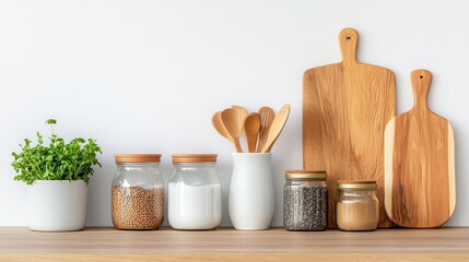 A stylish kitchen shelf showcasing wooden boards, jars, utensils, and a potted plant, perfect for modern home decor.