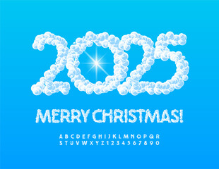 Wall Mural - Vector modern Greeting Card Merry Christmas 2025! Snow White Font. Cloud style Alphabet Letters and Numbers set