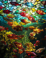 A beautiful school of fish made of stained glass. The fish are swimming in a colorful ocean, surrounded by coral reefs. The sun is shining through the stained glass