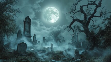 a spooky graveyard under a full moon. the tombstones are old and weathered, and the fog adds to the 