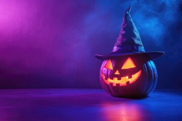 Spooky Halloween pumpkin wearing a witch hat against a purple and blue background, glowing jack-o'-lantern in dark room, Halloween night concept, eerie seasonal decoration for autumn festivities