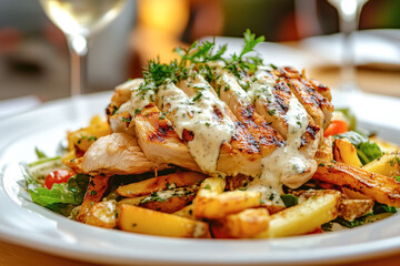 Wall Mural - Grilled chicken breast with creamy herb sauce and fries