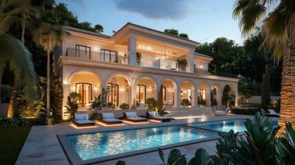 Night view of luxurious villa with illuminated pool