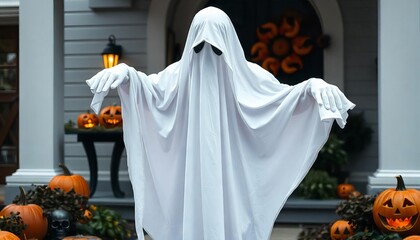 Haunted Porch Presence: A classic ghost costume stands on a porch adorned with pumpkins and Halloween décor, emanating spooky charm. 