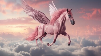 Sticker - Pink horse with wings on clouds  