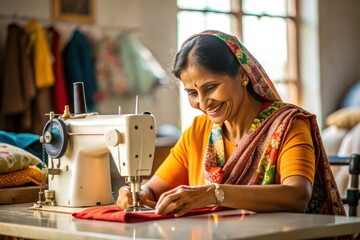 happy woman working on sewing machine