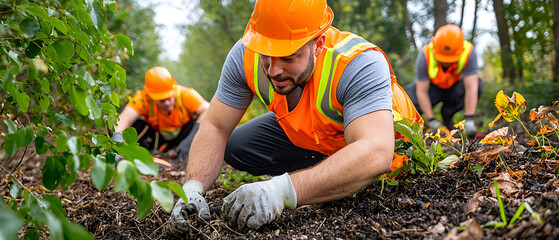 Wall Mural - Workers Planting Trees in Forest