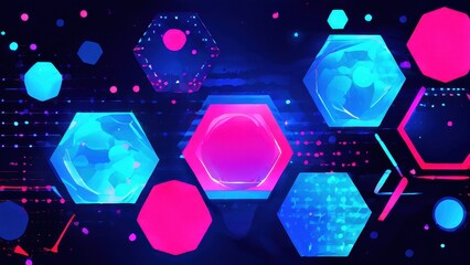 Abstract digital design featuring vibrant hexagonal shapes and glowing effects.