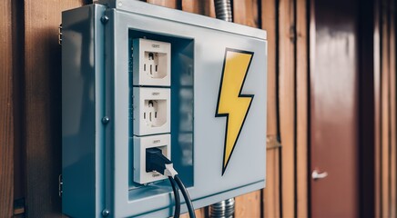 A close-up of a power outlet with a lightning bolt symbol on a blue box.