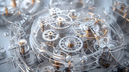 3D blueprint showcasing the inner workings of an advanced mechanical clock 