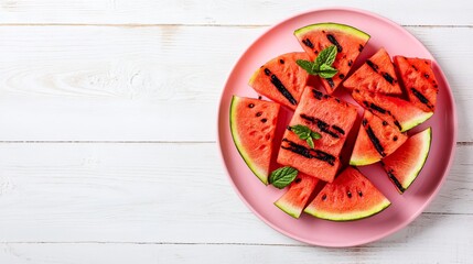 Wall Mural - Grilled watermelon on pink plate, white wood background.