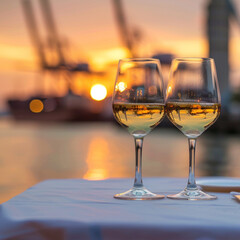 two glasses of cool white wine on white tablecloth with harbor structures and cargo ship