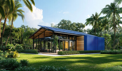 Wall Mural - Architectural rendering, tight shot of a modern farmhouse-style house with a gable roof and blue metal accents on a flat lot in the Florida countryside