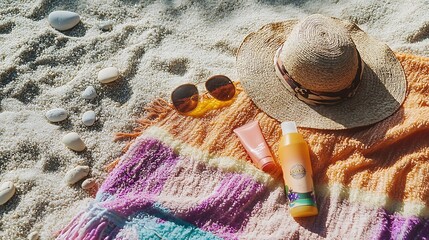 Summer Beach Essentials  Towel  Hat  Sunglasses  Sunscreen and Lotion