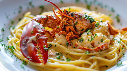 A luxurious Italian pasta dish with lobster and a rich, creamy sauce, beautifully garnished with fresh herbs