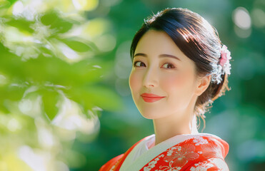 Sticker - A beautiful Japanese woman in her thirties wearing red and white kimonos, smiling slightly with the background blurred