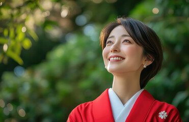 Poster - A beautiful Japanese woman in her thirties wearing red and white kimonos, smiling slightly with the background blurred