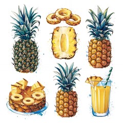 Vibrant pineapple slices and halves displayed in a tropical scene