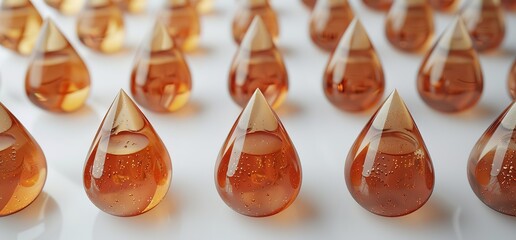 Close up of multiple amber colored liquid drops on white surface.