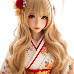 Japanese doll with blonde hair wearing kimono with flower design