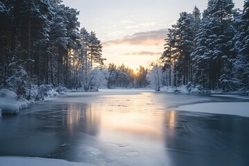 Wall Mural - Frozen lake surrounded by snow-covered trees, with the setting sun casting warm hues on the ice